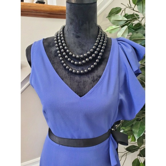 Newyork Co. Women's Solid Blue Polyester V-Neck Sleeveless Knee Length Dress 6 - Picture 2 of 12